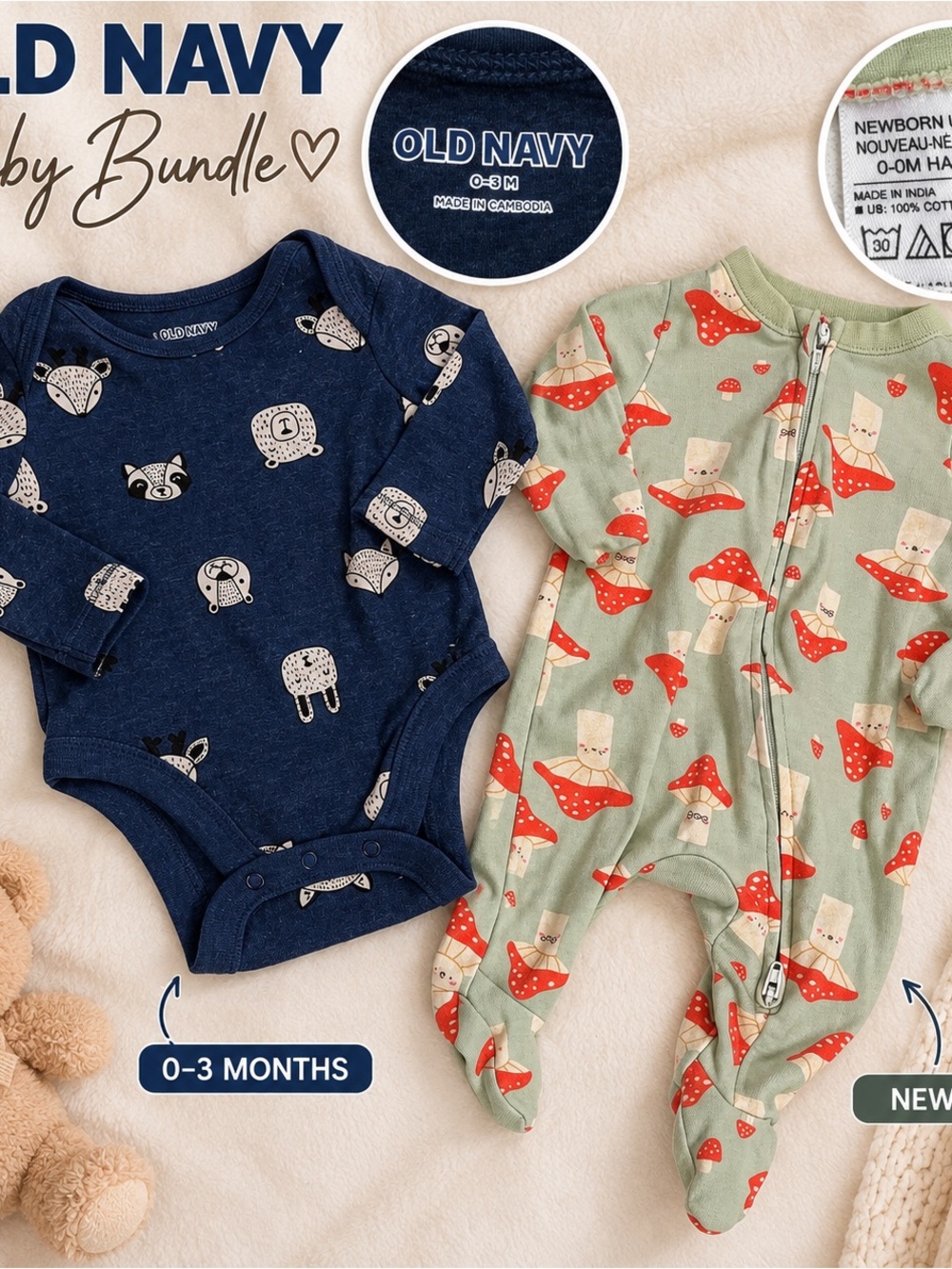 Old Navy  Animal Bodysuit & Mint Mushroom Footed Pajamas